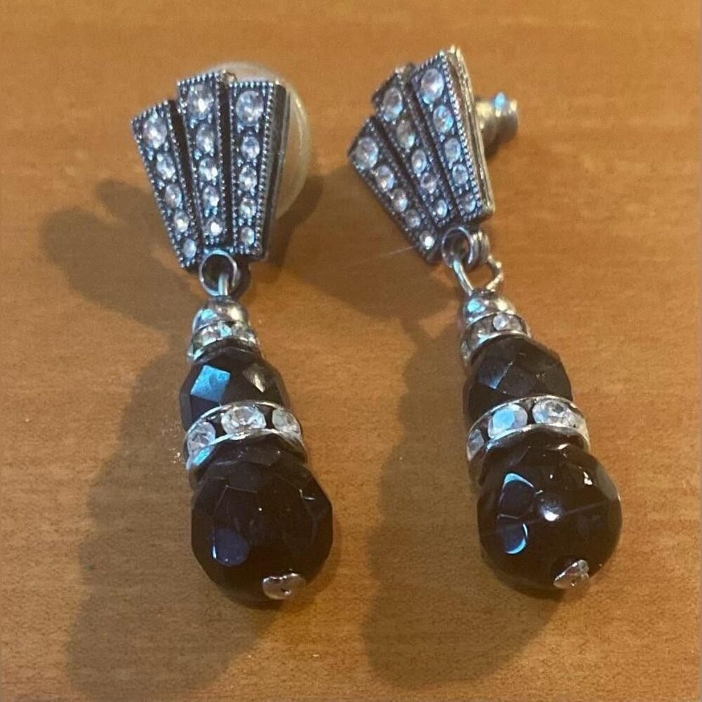 Black Bead Rhinestone Dangle Drop Earrings Women’s Silver Tone Fan Jewelry